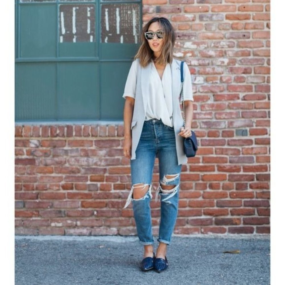 TOPSHOP Mid Blue Washed Denim Straight Cut Jeans 26 High Rise Ripped Distressed - Picture 7 of 14